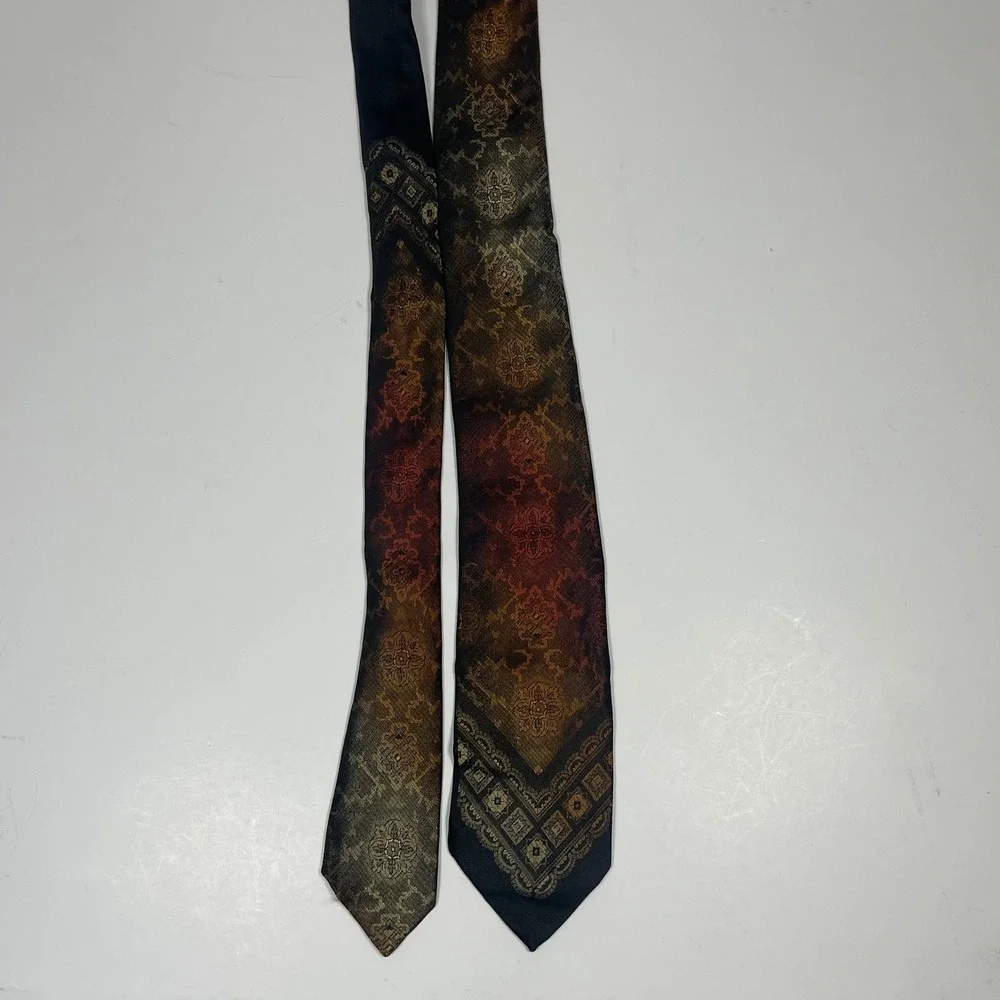 Vintage Italian Silk Medallion Necktie Tie Brown Black Ornate Geometric 70s MCM